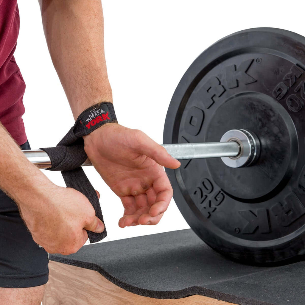 Barbell wrist wrap set up using the York weight lifting straps